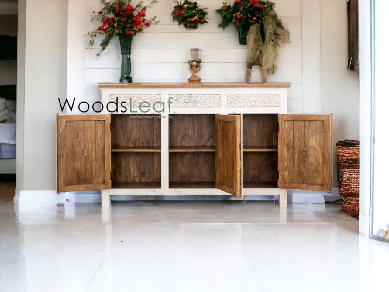 Finition vieillie en bois massif indien, meubles de chambre à coucher de salon, buffet sculpté à la main, buffet sculpté à la main, unités de rangement d’armoire