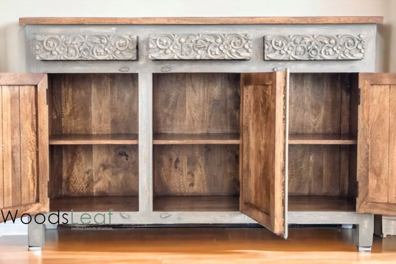 Finition vieillie en bois massif indien, meubles de chambre à coucher de salon, buffet sculpté à la main, buffet sculpté à la main, unités de rangement d’armoire