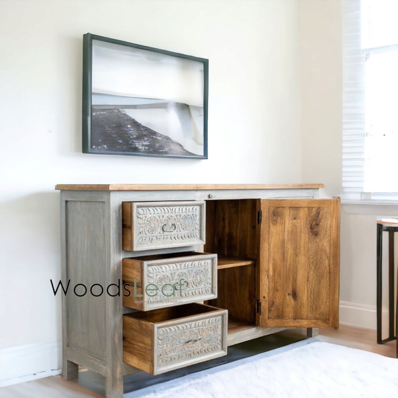 Buffet sculpté à la main, buffet sculpté à la main, unités de rangement d’armoire, finition en bois massif indien en détresse, meubles de chambre à coucher de salon