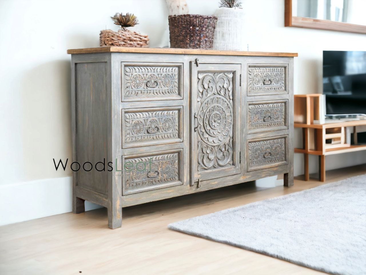 Buffet sculpté à la main, buffet sculpté à la main, unités de rangement d’armoire, finition en bois massif indien en détresse, meubles de chambre à coucher de salon