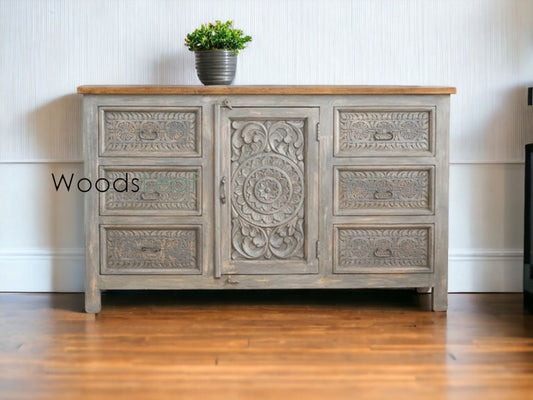 Buffet sculpté à la main, buffet sculpté à la main, unités de rangement d’armoire, finition en bois massif indien en détresse, meubles de chambre à coucher de salon