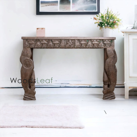 Table de console d’inspiration vintage/Console rustique en bois/Console indienne sculptée/Décor d’entrée complexe/Table de console en détresse