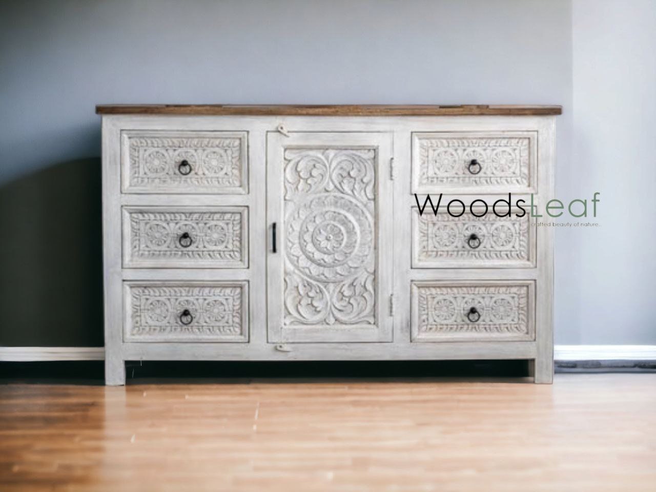 Buffet sculpté à la main, buffet sculpté à la main, unités de rangement d’armoire, finition en bois massif indien en détresse, meubles de chambre à coucher de salon