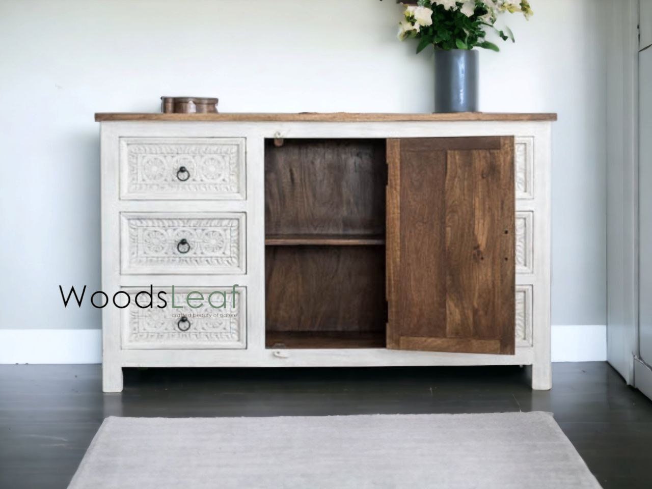 Buffet sculpté à la main, buffet sculpté à la main, unités de rangement d’armoire, finition en bois massif indien en détresse, meubles de chambre à coucher de salon