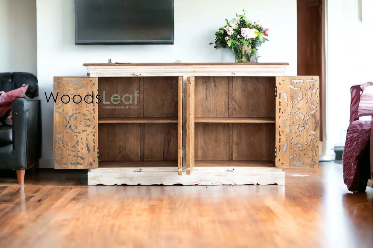 Handgeschnitztes Sideboard, Schrankaufbewahrungseinheiten, indisches Massivholz mit Distressed-Finish, Wohnzimmer-Schlafzimmermöbel, handgeschnitztes Sideboard