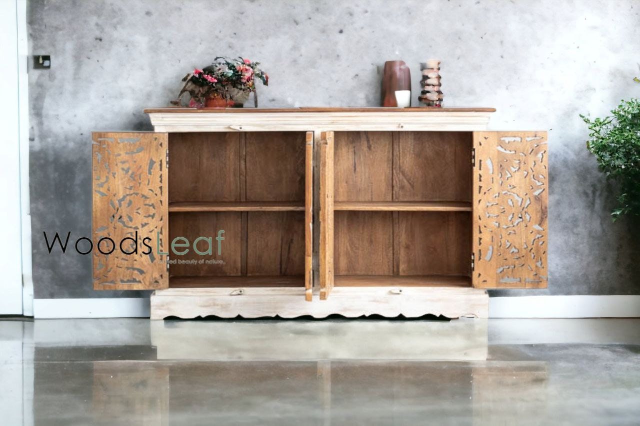 Handgeschnitztes Sideboard, Schrankaufbewahrungseinheiten, indisches Massivholz mit Distressed-Finish, Wohnzimmer-Schlafzimmermöbel, handgeschnitztes Sideboard