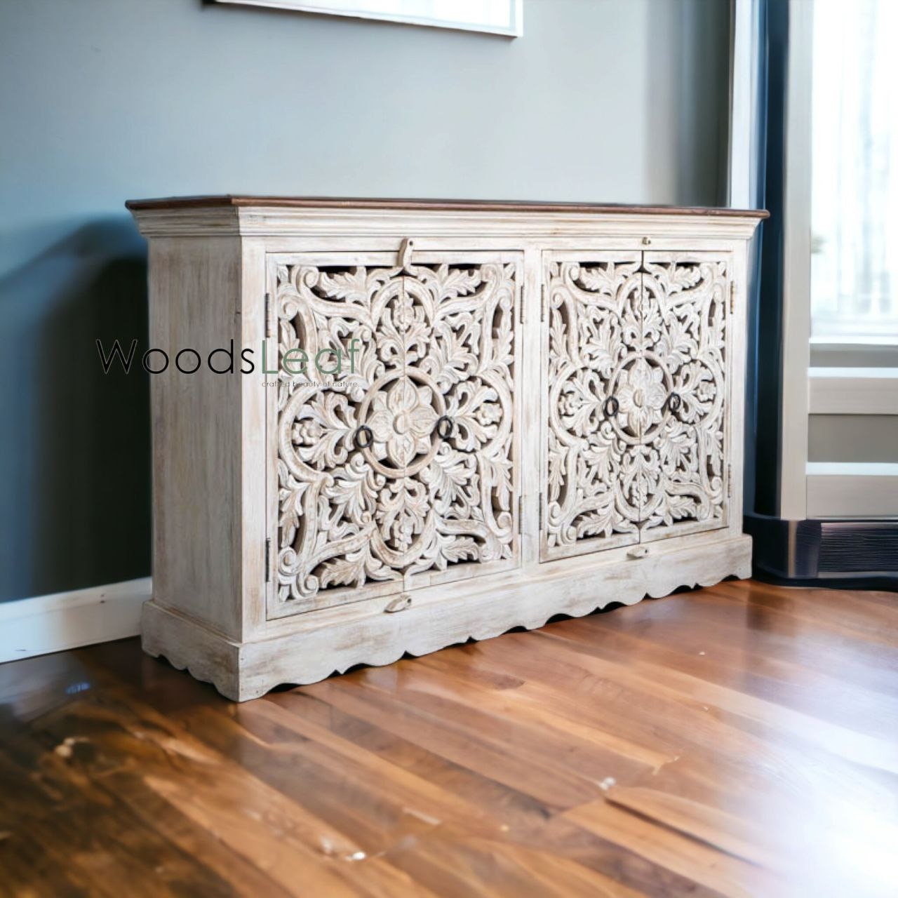 Handgeschnitztes Sideboard, Schrankaufbewahrungseinheiten, indisches Massivholz mit Distressed-Finish, Wohnzimmer-Schlafzimmermöbel, handgeschnitztes Sideboard