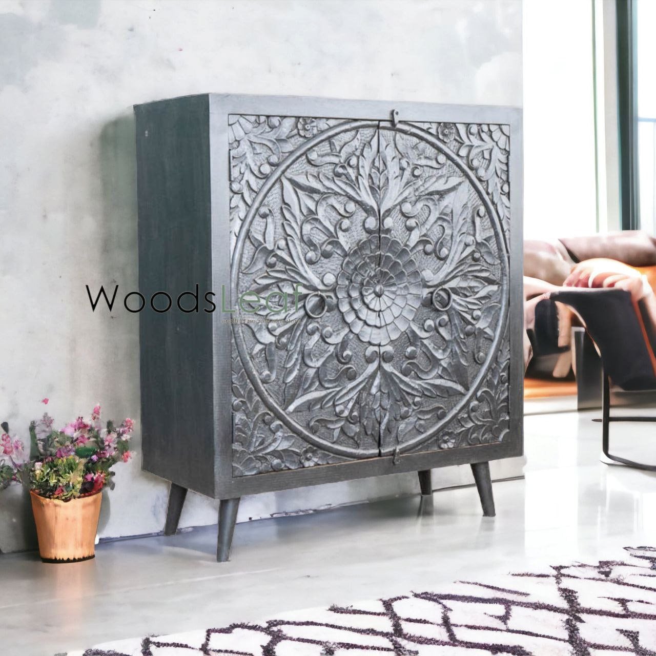 Finition en détresse, meubles de chambre à coucher de salon, buffet sculpté, buffet sculpté de fleurs à la main, unités de rangement d’armoire, bois massif indien