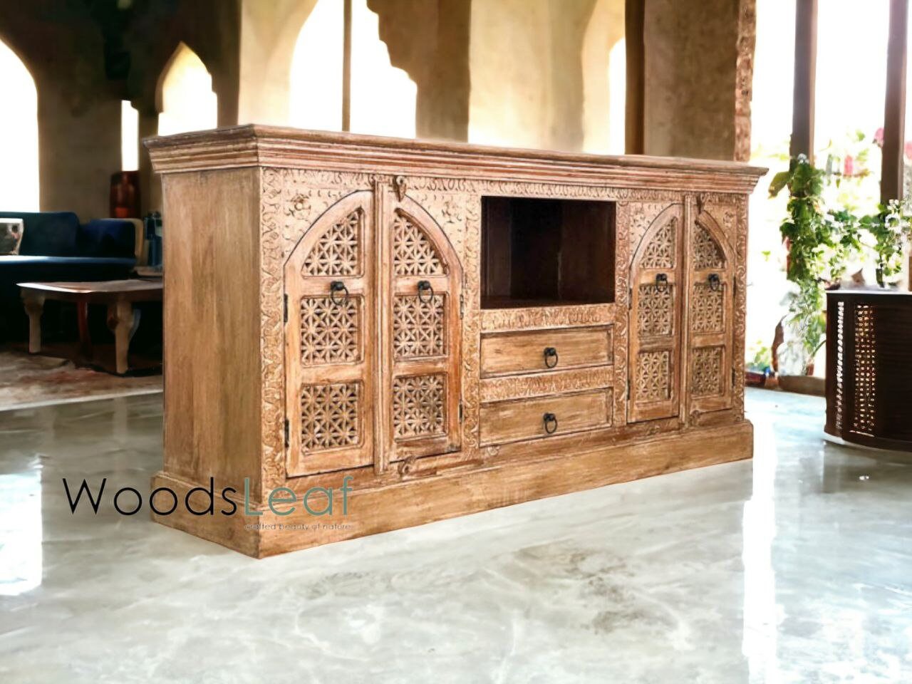 Handgeschnitztes Sideboard, Schrankaufbewahrungseinheiten, indisches Massivholz mit natürlichem Finish, Wohnzimmer-Schlafzimmermöbel