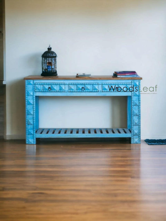 Table de console d’inspiration vintage/Console rustique en bois/Console indienne sculptée/Décor d’entrée complexe/Table de console en détresse bleue