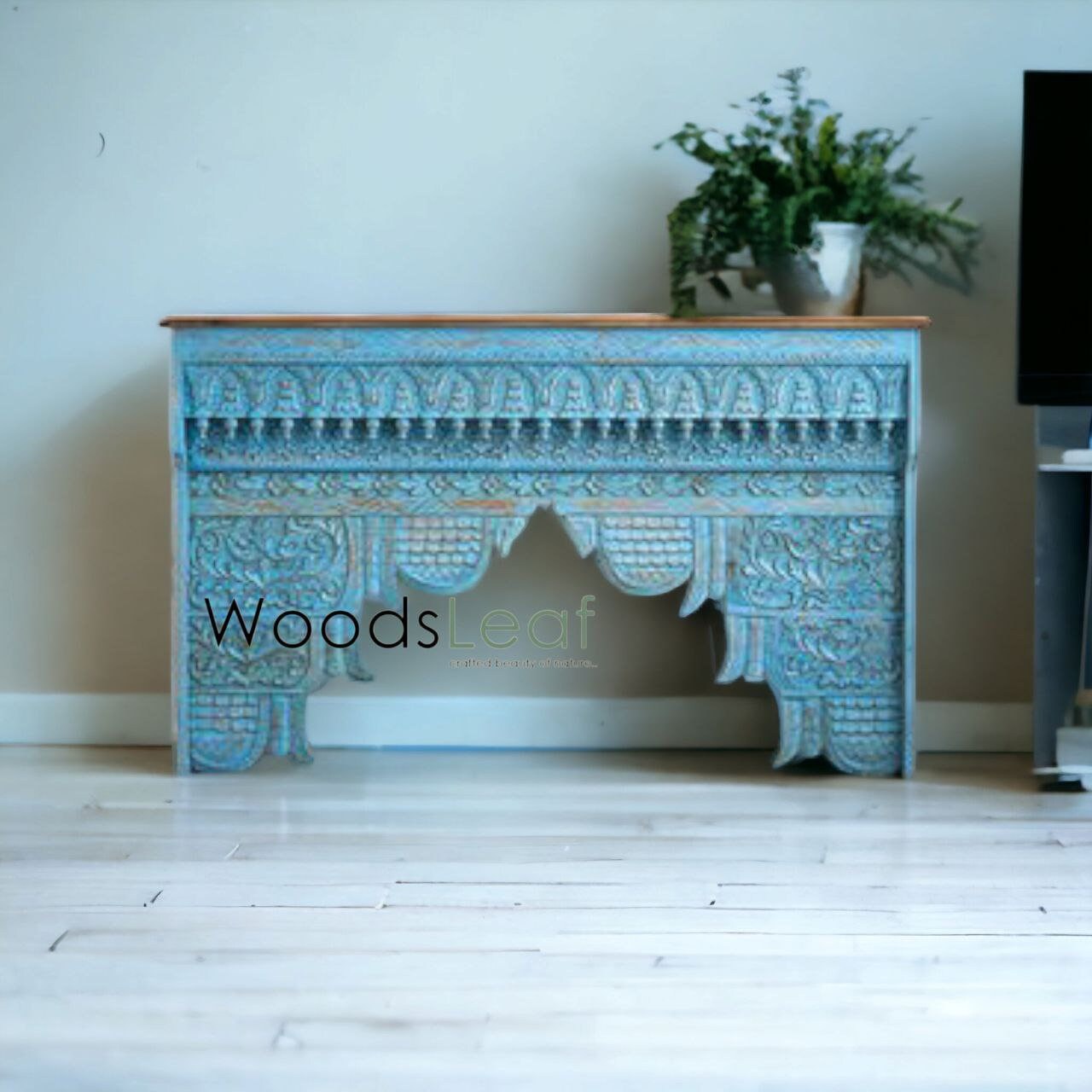 Table console d’inspiration vintage/Console rustique en bois/Console indienne sculptée/Décor d’entrée complexe/Table console Mehrab en détresse bleue