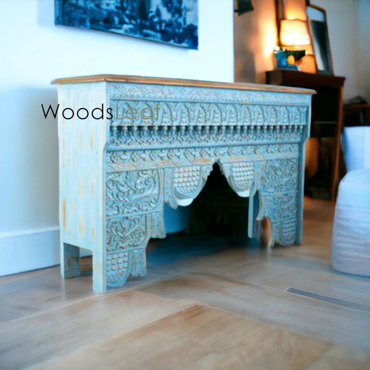 Table console d’inspiration vintage/Console rustique en bois/Console indienne sculptée/Décor d’entrée complexe/Table console Mehrab en détresse bleue