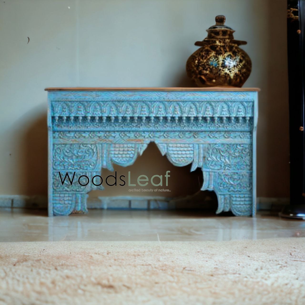 Table console d’inspiration vintage/Console rustique en bois/Console indienne sculptée/Décor d’entrée complexe/Table console Mehrab en détresse bleue