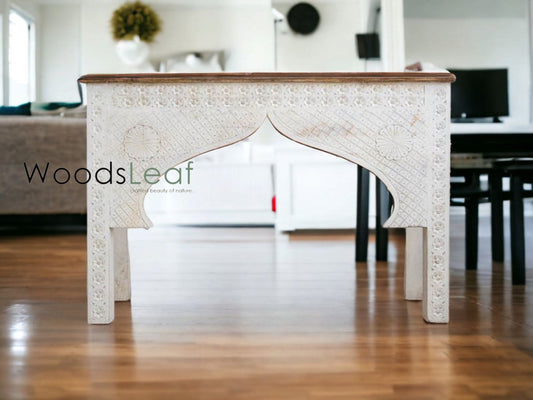 Table console d’inspiration vintage/Console rustique en bois/Console indienne sculptée/Décor d’entrée complexe/Table console Mehrab en détresse blanche