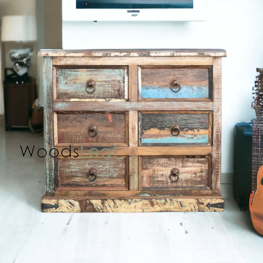 Buffet en bois fait à la main, unités de rangement d’armoires, finition en bois massif indien en détresse, meubles de chambre à coucher de salon, grand buffet 6 tiroirs