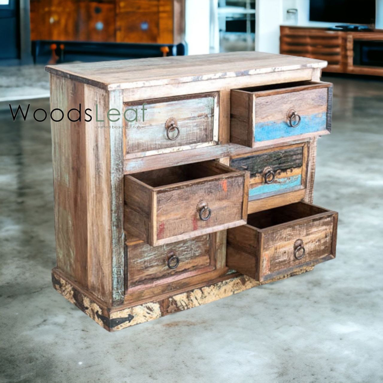 Buffet en bois fait à la main, unités de rangement d’armoires, finition en bois massif indien en détresse, meubles de chambre à coucher de salon, grand buffet 6 tiroirs