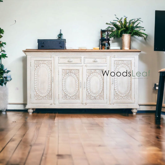 Buffet sculpté à la main, unités de rangement d’armoire, finition en bois massif indien en détresse, meubles de chambre à coucher de salon, buffet sculpté à la main