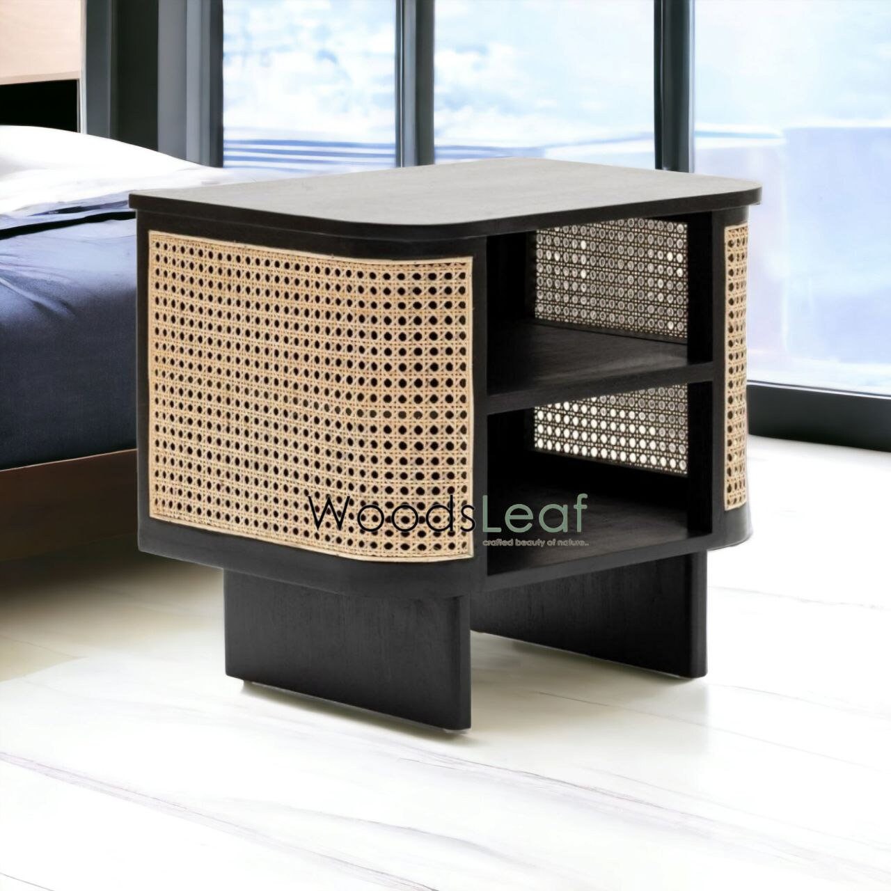 Table de chevet en canne naturelle faite à la main / Table de chevet / Tiroir en bois Décoration intérieure Bois de manguier Finition noire Meubles indiens