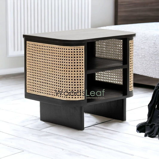 Table de chevet en canne naturelle faite à la main / Table de chevet / Tiroir en bois Décoration intérieure Bois de manguier Finition noire Meubles indiens