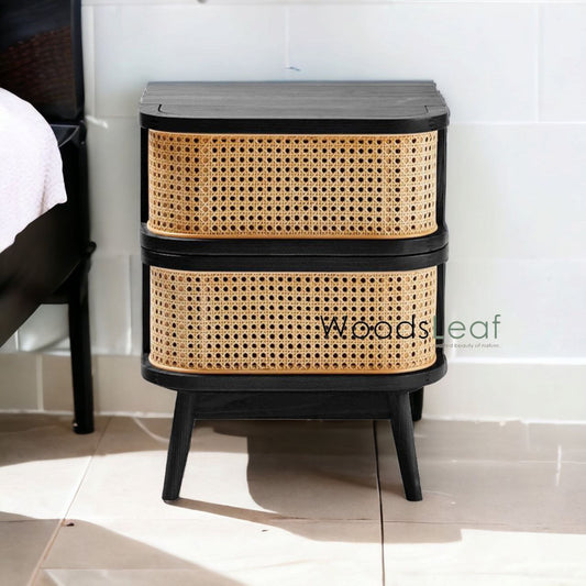 Table de chevet en canne naturelle faite à la main / Table de chevet / Tiroir en bois Décoration intérieure Bois de manguier Finition noire Meubles indiens