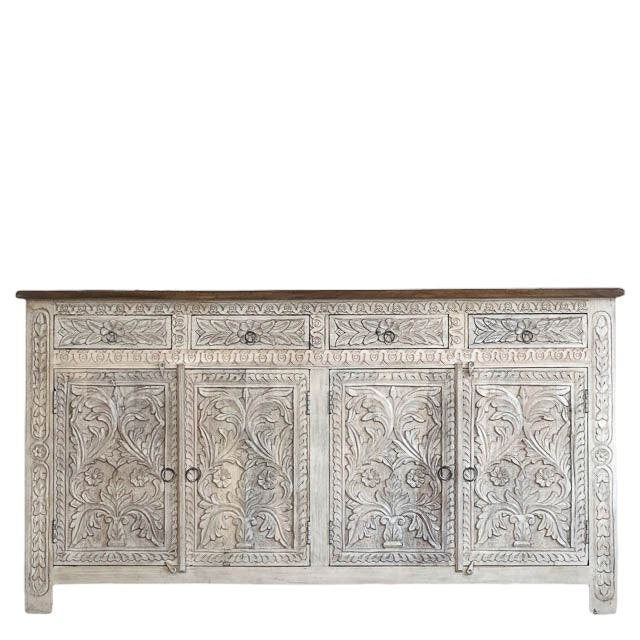 Buffet sculpté à la main, unités de rangement d’armoire, finition en bois massif indien en détresse, meubles de chambre à coucher de salon, buffet sculpté à la main