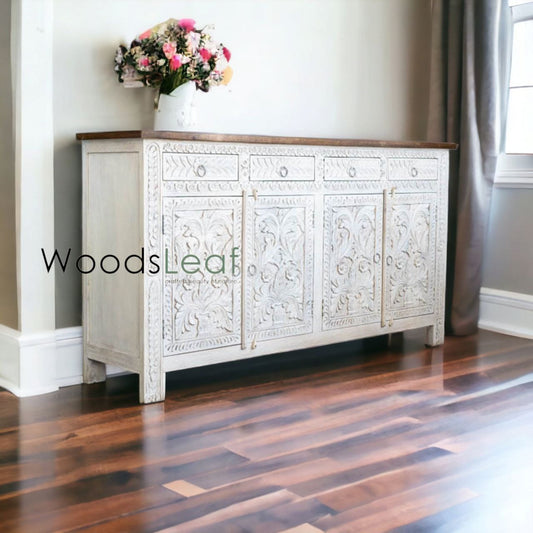 Buffet sculpté à la main, unités de rangement d’armoire, finition en bois massif indien en détresse, meubles de chambre à coucher de salon, buffet sculpté à la main