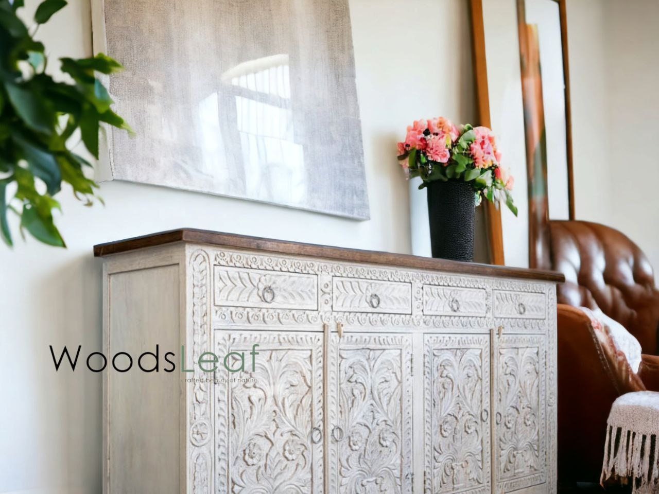 Buffet sculpté à la main, unités de rangement d’armoire, finition en bois massif indien en détresse, meubles de chambre à coucher de salon, buffet sculpté à la main