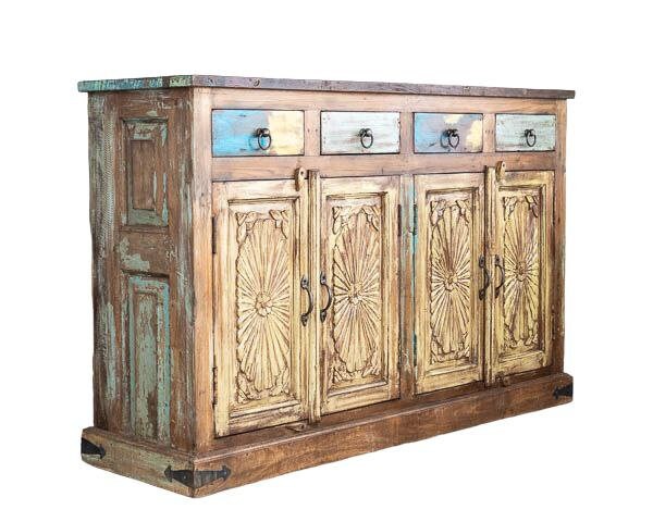 Buffet sculpté à la main, unités de rangement d’armoire, finition en bois massif indien en détresse, meubles de chambre à coucher de salon, buffet sculpté à la main