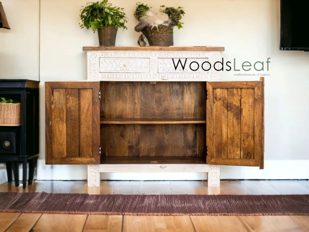 Buffet en bois fait main, unités de rangement d’armoire, finition en bois massif indien en détresse, meubles de chambre à coucher de salon, grand buffet 2 portes