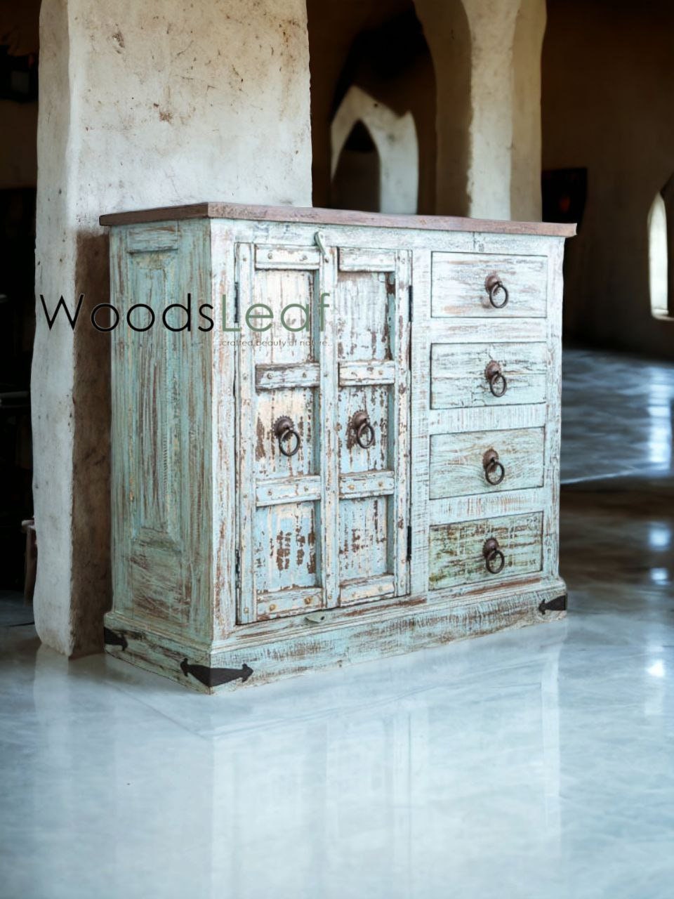 Finition en bois massif indien en détresse, meubles de chambre à coucher de salon, grand buffet, buffet en bois fait à la main, unités de rangement d'armoire