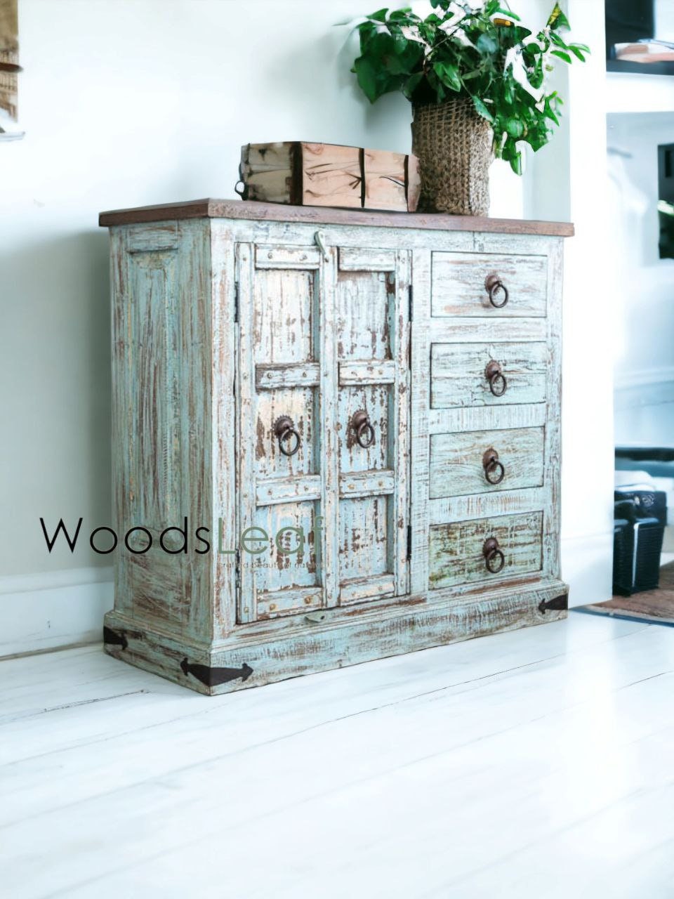 Finition en bois massif indien en détresse, meubles de chambre à coucher de salon, grand buffet, buffet en bois fait à la main, unités de rangement d'armoire