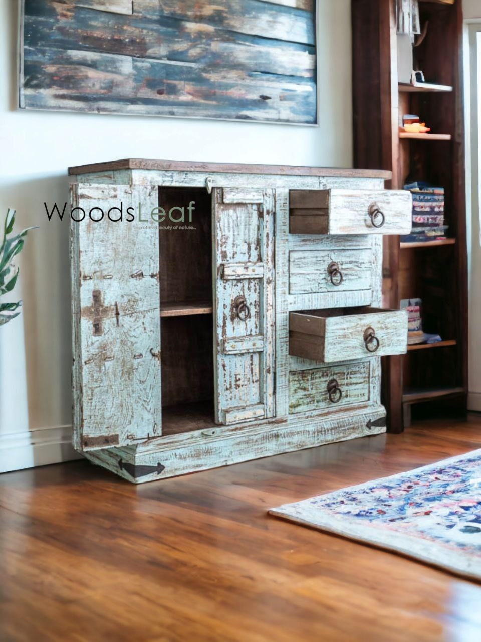 Finition en bois massif indien en détresse, meubles de chambre à coucher de salon, grand buffet, buffet en bois fait à la main, unités de rangement d'armoire