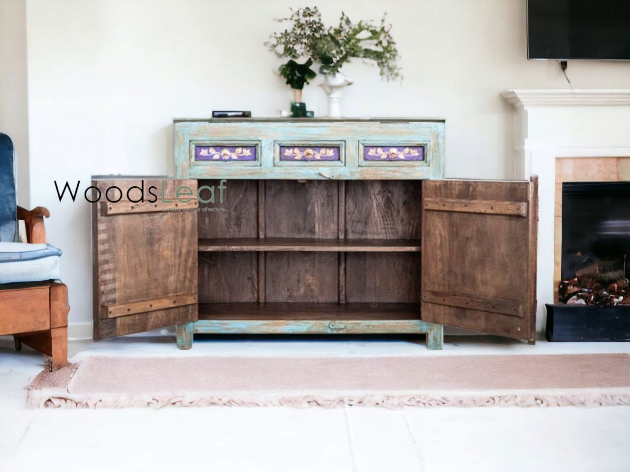 Finition vieillie en bois massif indien, meubles de chambre à coucher de salon, grand buffet, buffet en bois fait à la main, conceptions de fleurs d’armoire