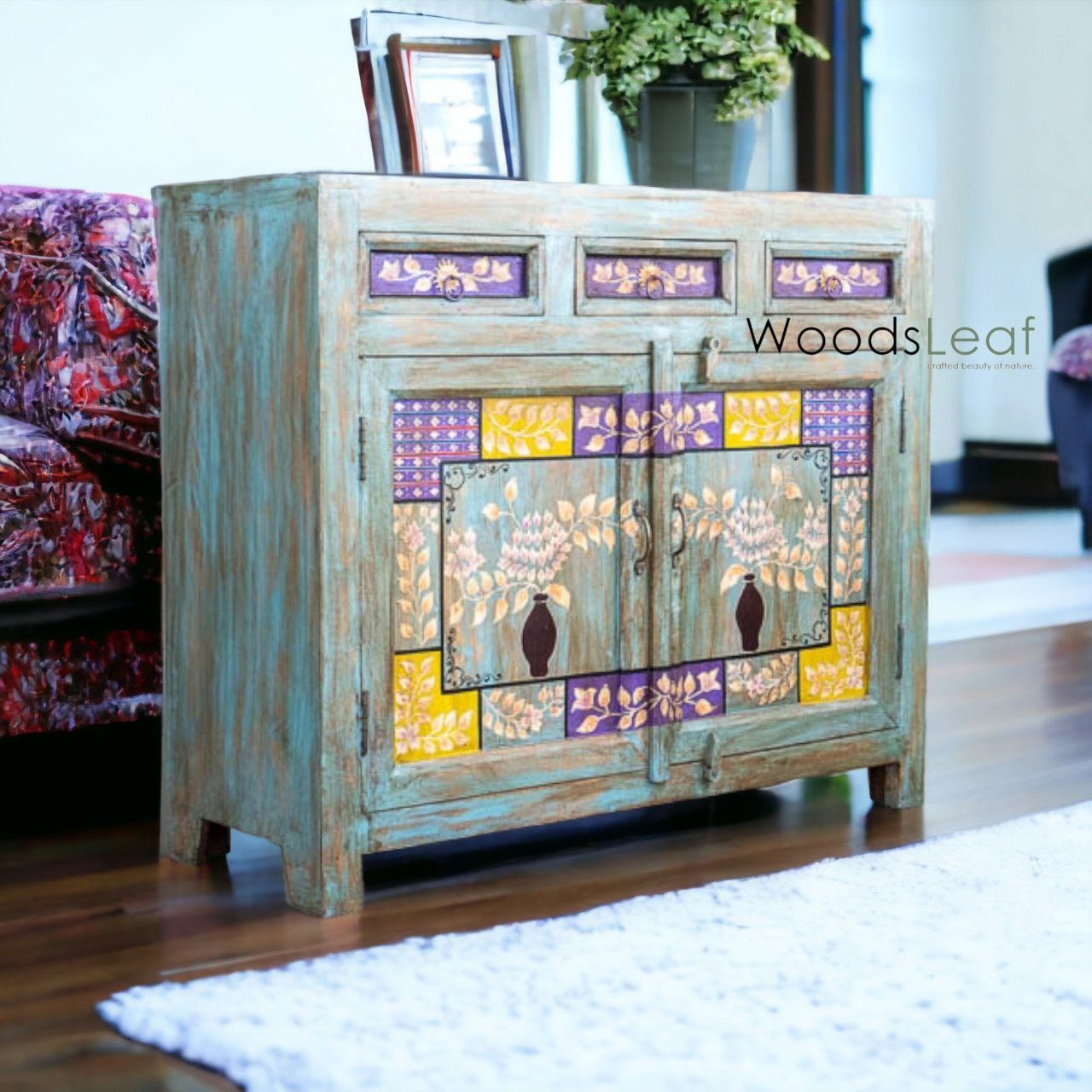 Finition vieillie en bois massif indien, meubles de chambre à coucher de salon, grand buffet, buffet en bois fait à la main, conceptions de fleurs d’armoire