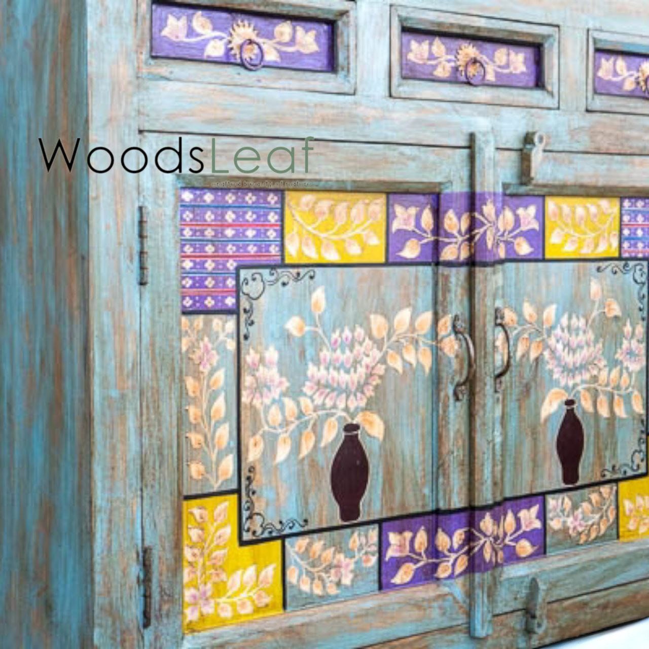 Finition vieillie en bois massif indien, meubles de chambre à coucher de salon, grand buffet, buffet en bois fait à la main, conceptions de fleurs d’armoire