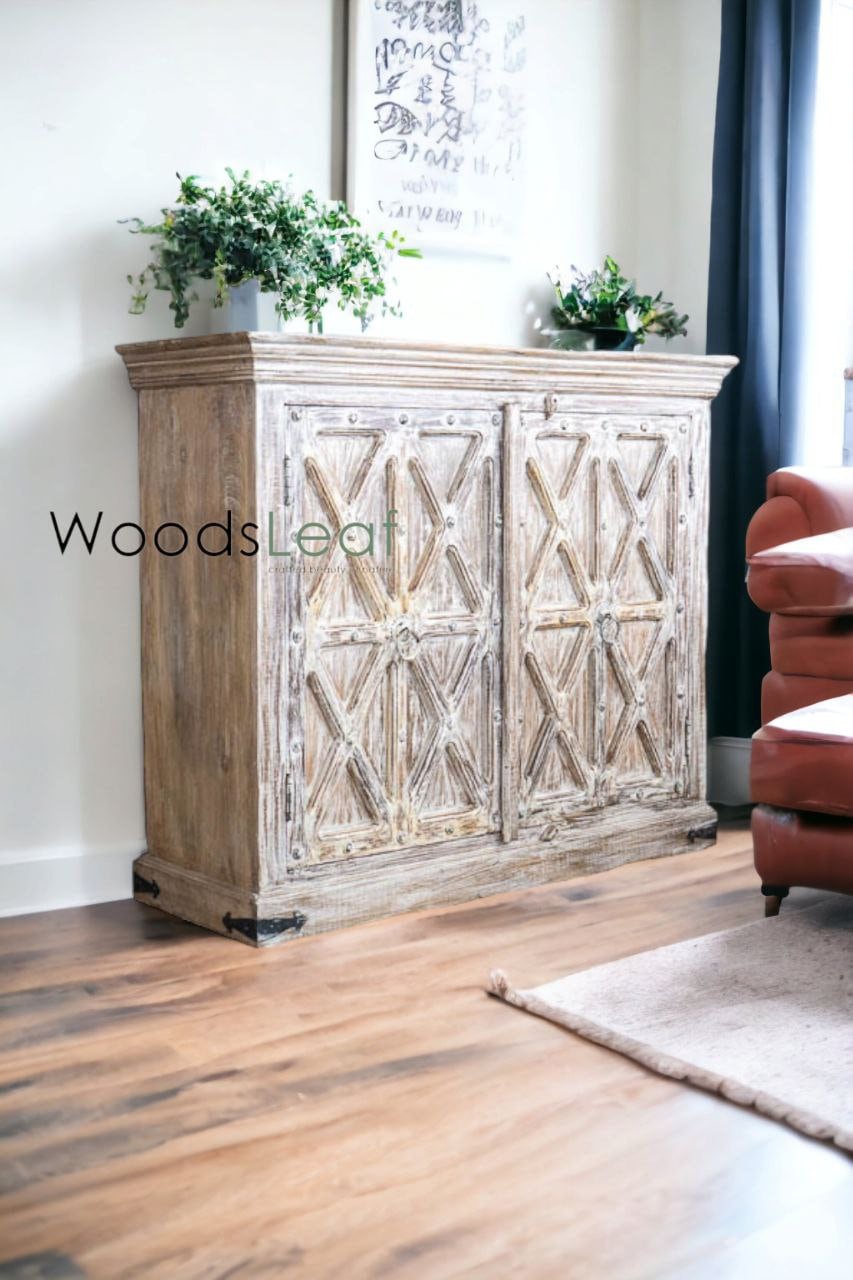 Buffet en bois fait main, unités de rangement d’armoire, finition en bois massif indien en détresse, meubles de chambre à coucher de salon, grand buffet 2 portes