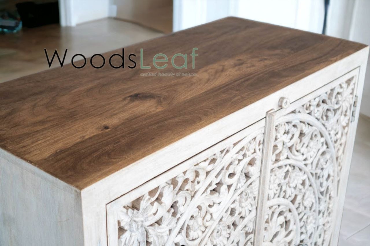 Finition en détresse, meubles de chambre à coucher de salon, buffet sculpté, buffet sculpté de fleurs à la main, unités de rangement d’armoire, bois massif indien