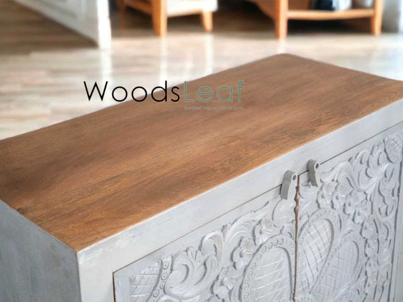 Finition en détresse, meubles de chambre à coucher de salon, buffet sculpté, buffet sculpté de fleurs à la main, unités de rangement d’armoire, bois massif indien