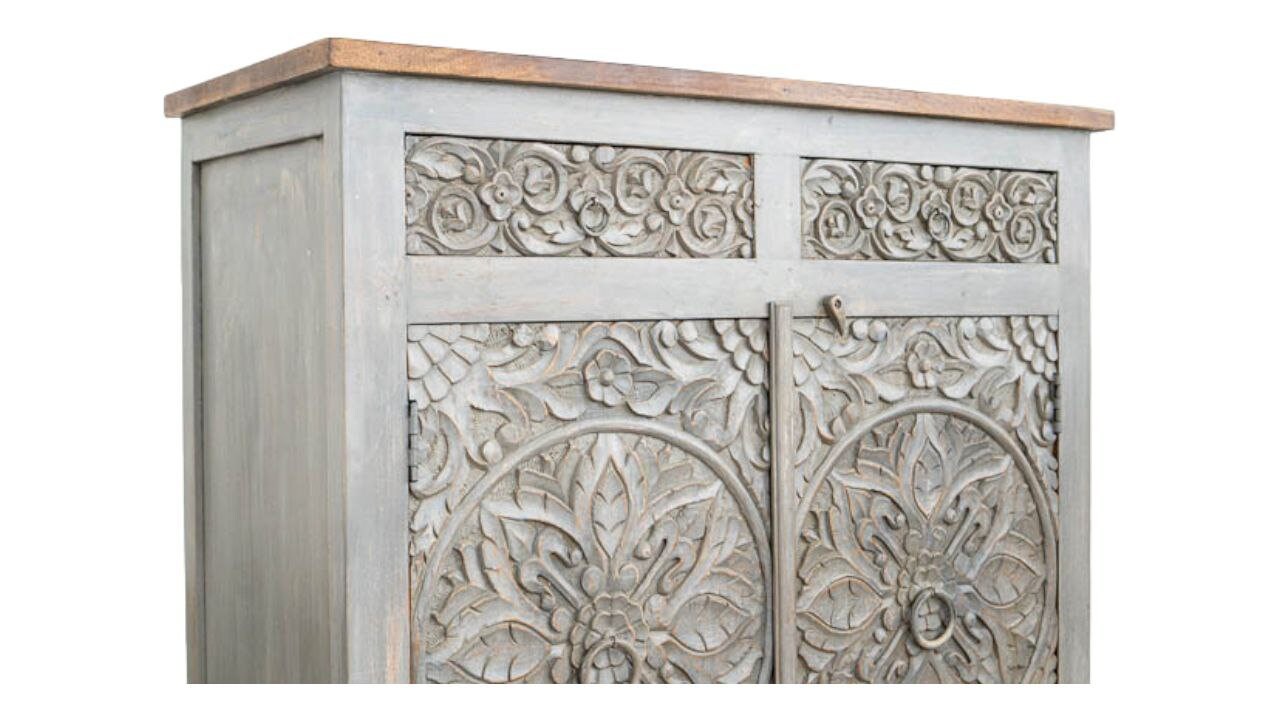 Finition en détresse, meubles de chambre à coucher de salon, buffet sculpté, buffet sculpté de fleurs à la main, unités de rangement d’armoire, bois massif indien