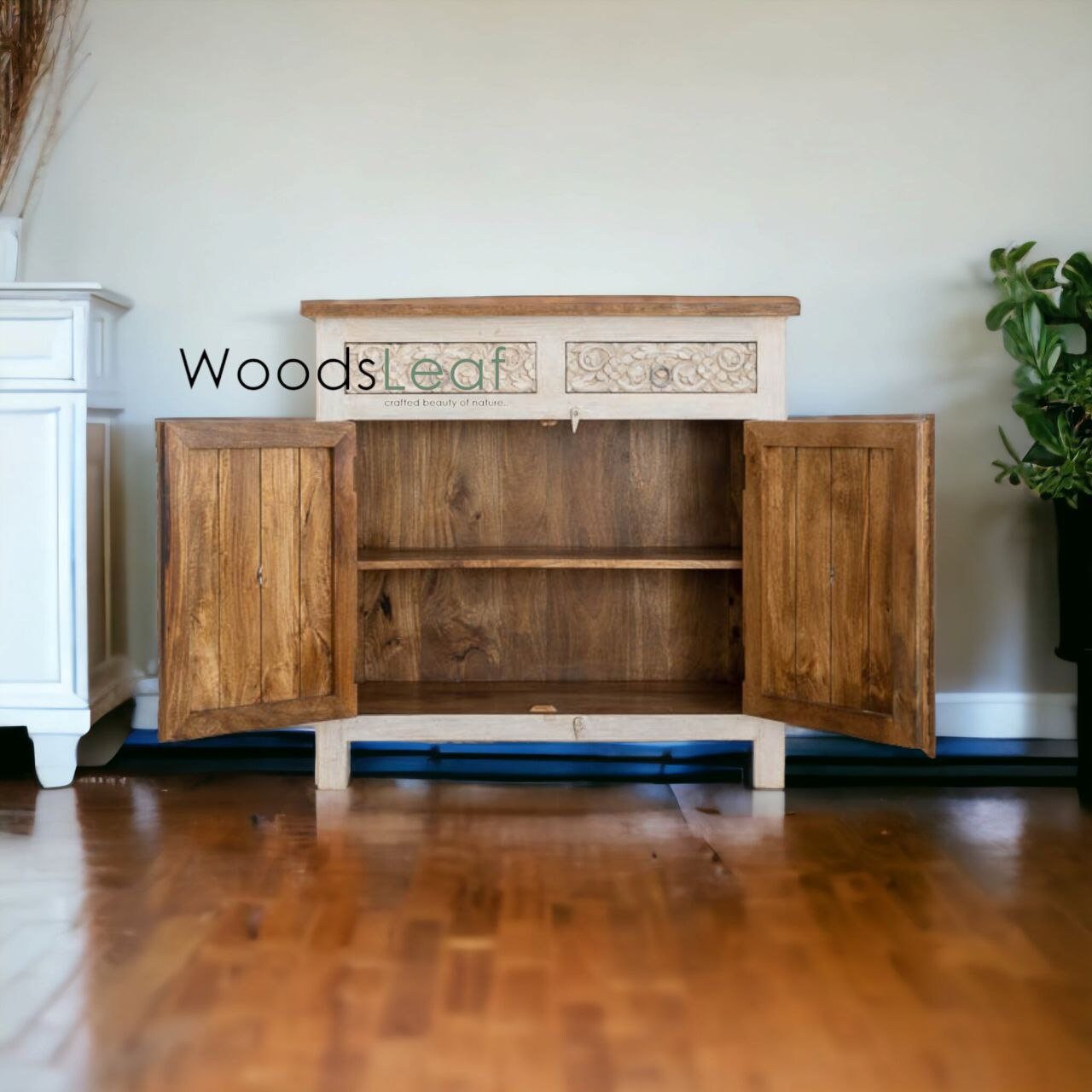 Finition en détresse, meubles de chambre à coucher de salon, buffet sculpté, buffet sculpté de fleurs à la main, unités de rangement d’armoire, bois massif indien