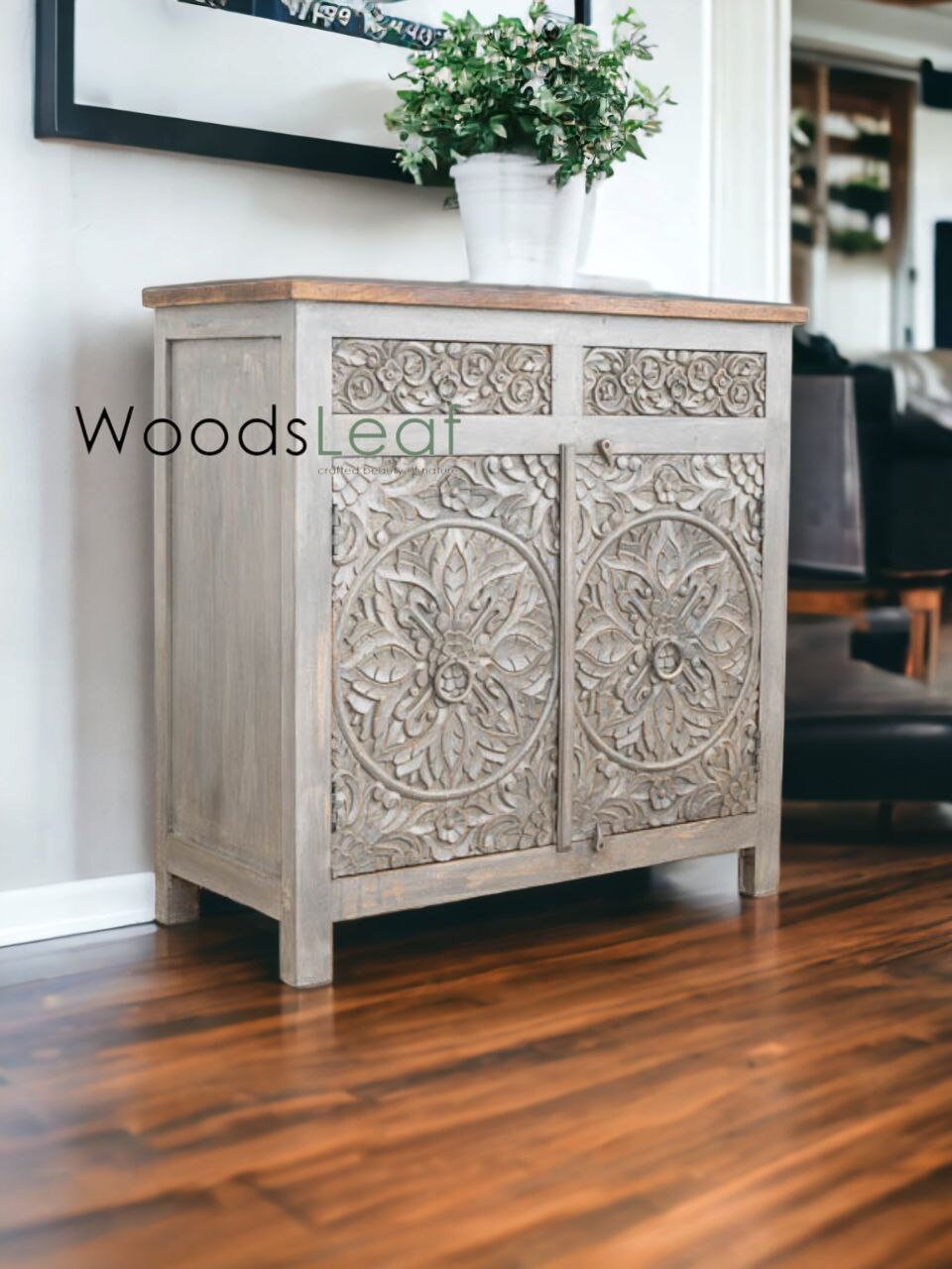 Finition en détresse, meubles de chambre à coucher de salon, buffet sculpté, buffet sculpté de fleurs à la main, unités de rangement d’armoire, bois massif indien