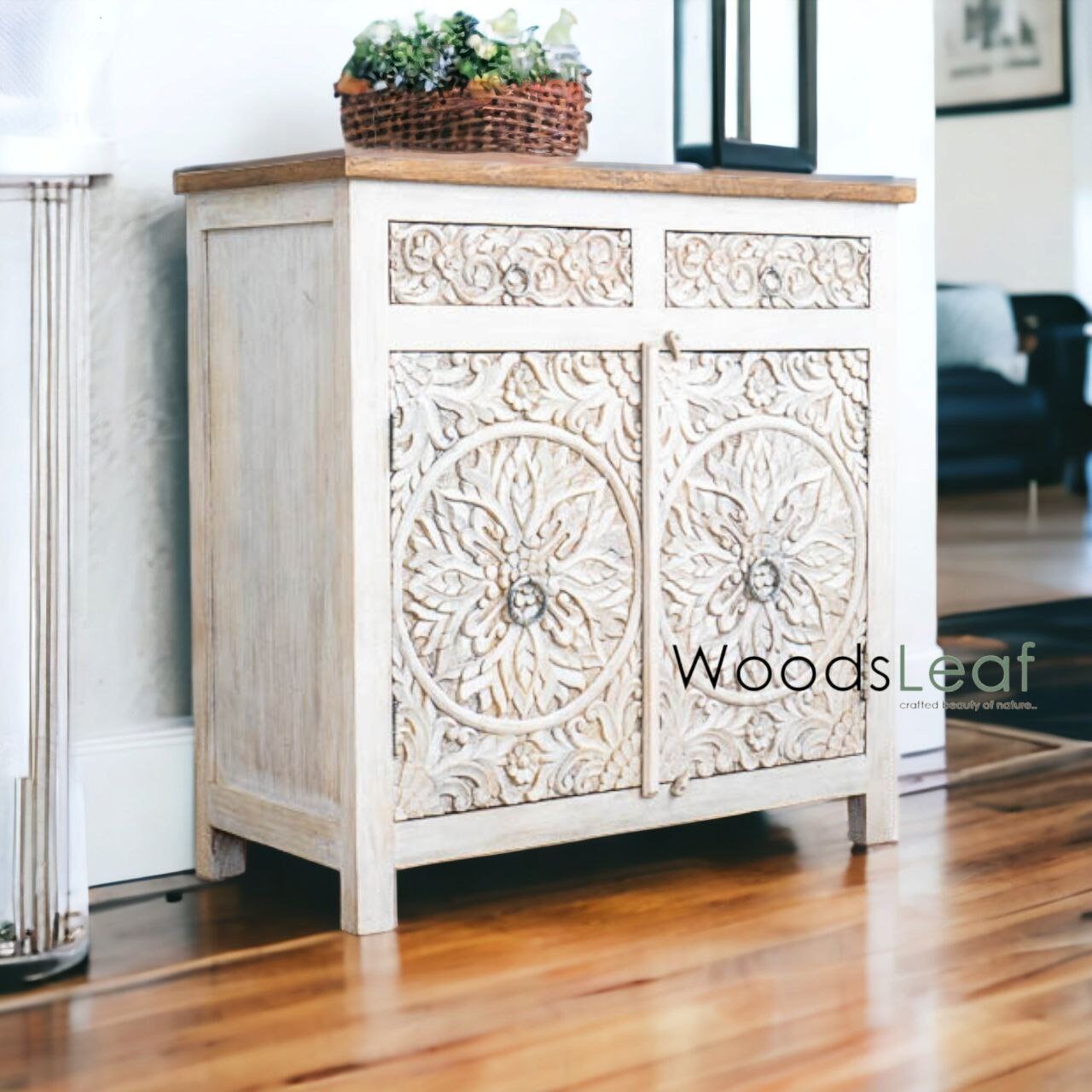 Finition en détresse, meubles de chambre à coucher de salon, buffet sculpté, buffet sculpté de fleurs à la main, unités de rangement d’armoire, bois massif indien