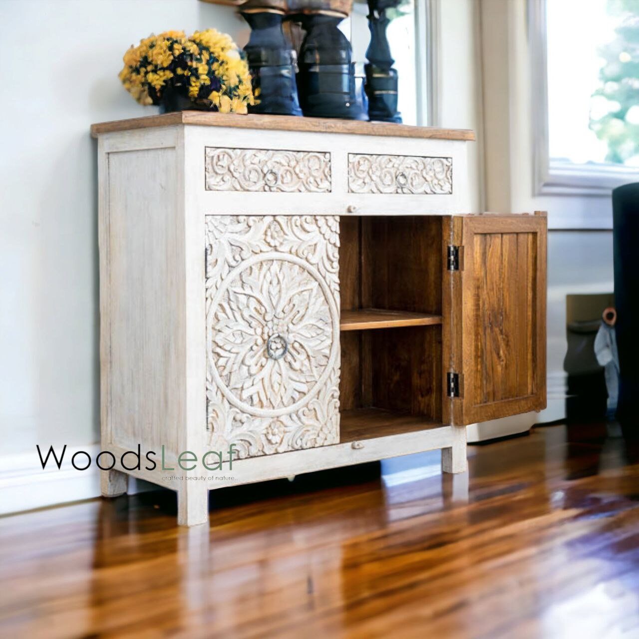 Finition en détresse, meubles de chambre à coucher de salon, buffet sculpté, buffet sculpté de fleurs à la main, unités de rangement d’armoire, bois massif indien