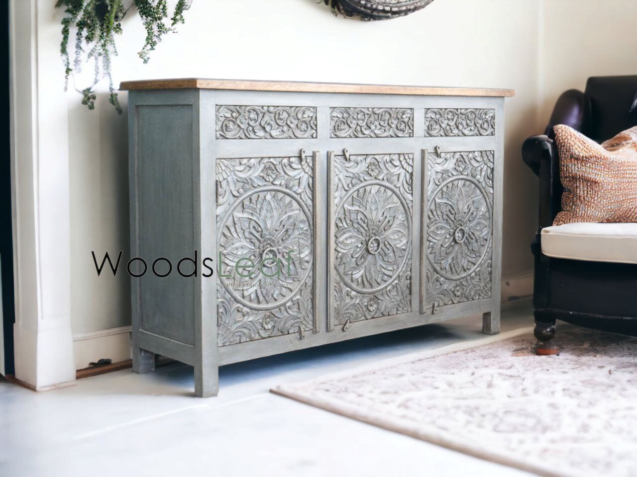 Finition vieillie en bois massif indien, meubles de chambre à coucher de salon, buffet sculpté à la main, buffet sculpté à la main, unités de rangement d’armoire