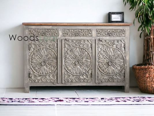 Finition vieillie en bois massif indien, meubles de chambre à coucher de salon, buffet sculpté à la main, buffet sculpté à la main, unités de rangement d’armoire