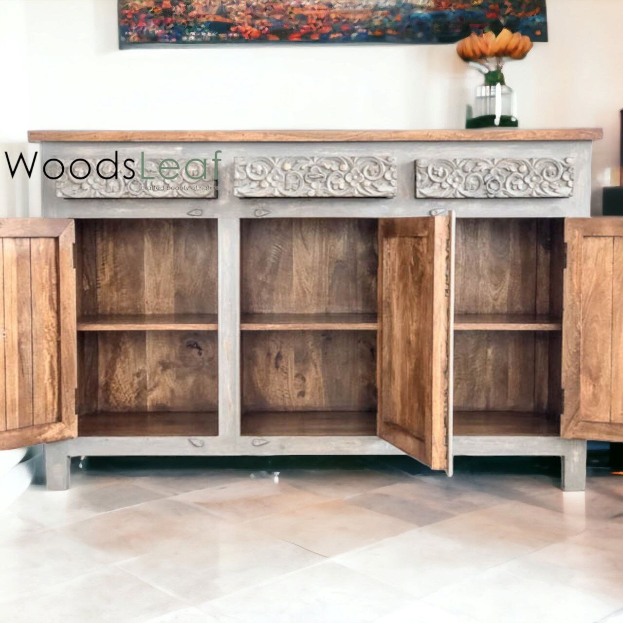 Finition vieillie en bois massif indien, meubles de chambre à coucher de salon, buffet sculpté à la main, buffet sculpté à la main, unités de rangement d’armoire