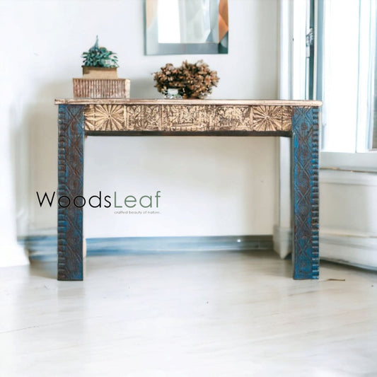 Table console d’inspiration vintage/Console rustique en bois/Console indienne sculptée/Décor d’entrée complexe/Table console finition naturelle
