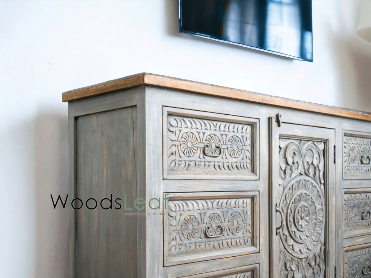 Buffet sculpté à la main, buffet sculpté à la main, unités de rangement d’armoire, finition en bois massif indien en détresse, meubles de chambre à coucher de salon