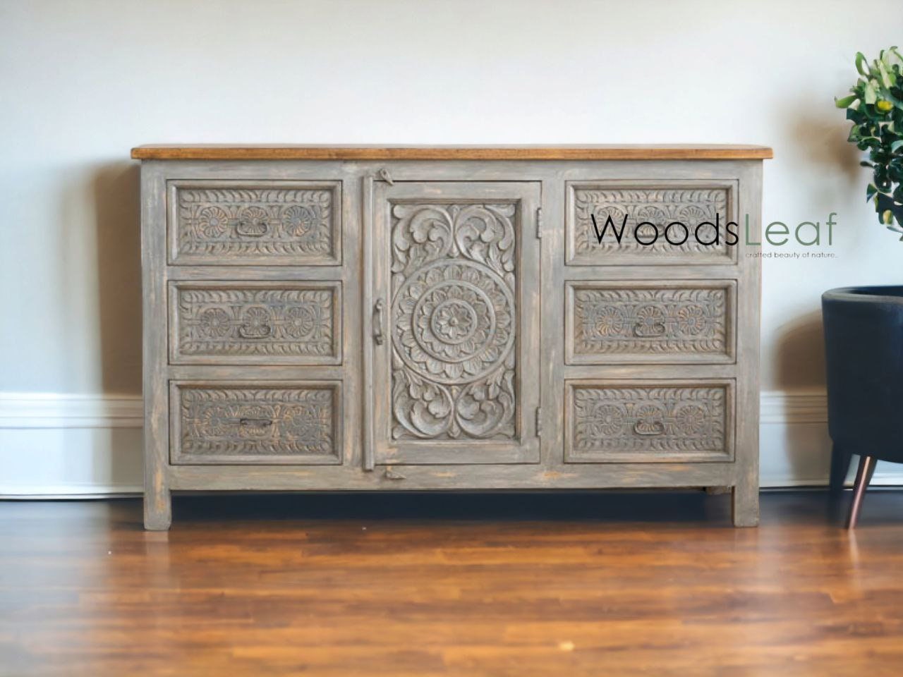 Buffet sculpté à la main, buffet sculpté à la main, unités de rangement d’armoire, finition en bois massif indien en détresse, meubles de chambre à coucher de salon