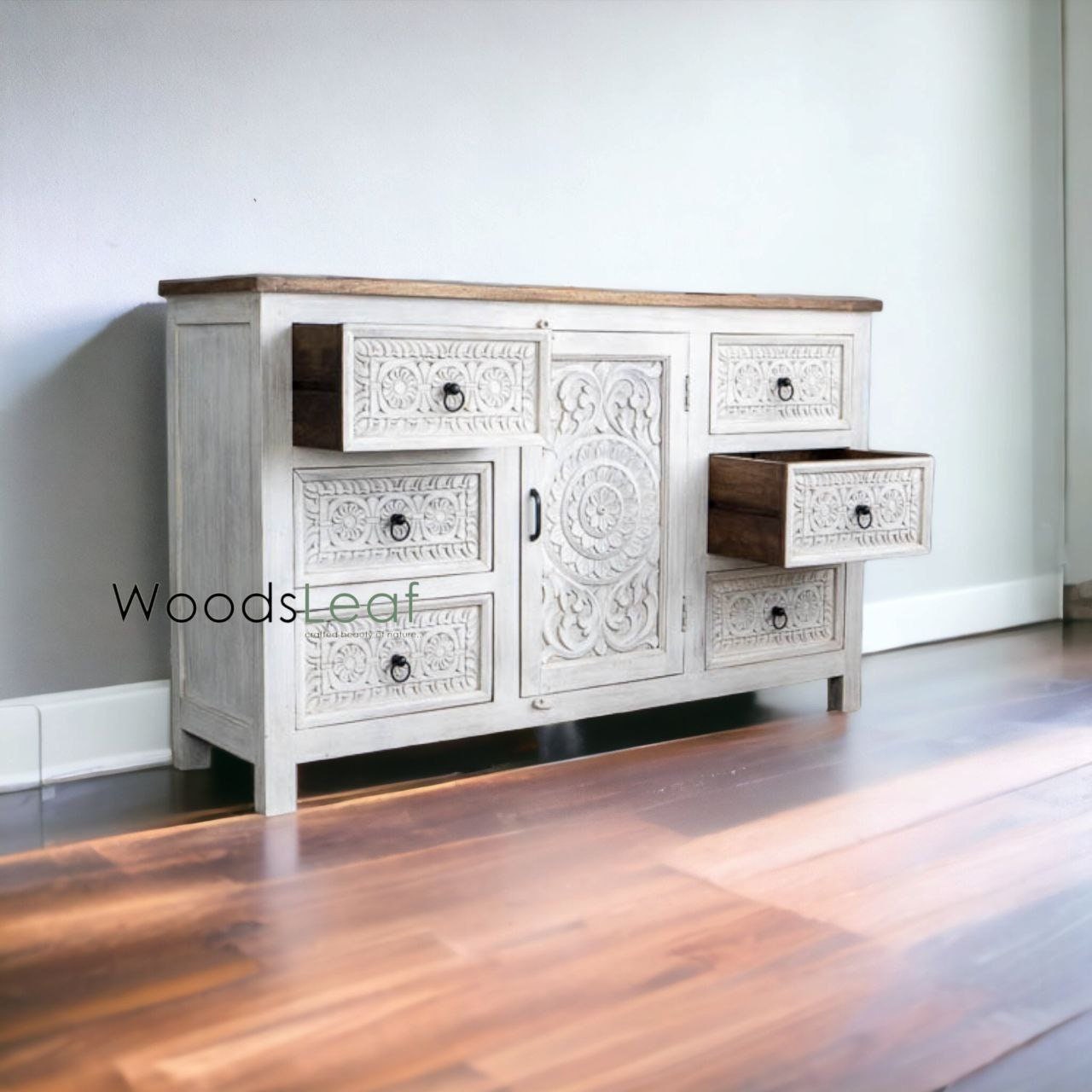 Buffet sculpté à la main, buffet sculpté à la main, unités de rangement d’armoire, finition en bois massif indien en détresse, meubles de chambre à coucher de salon